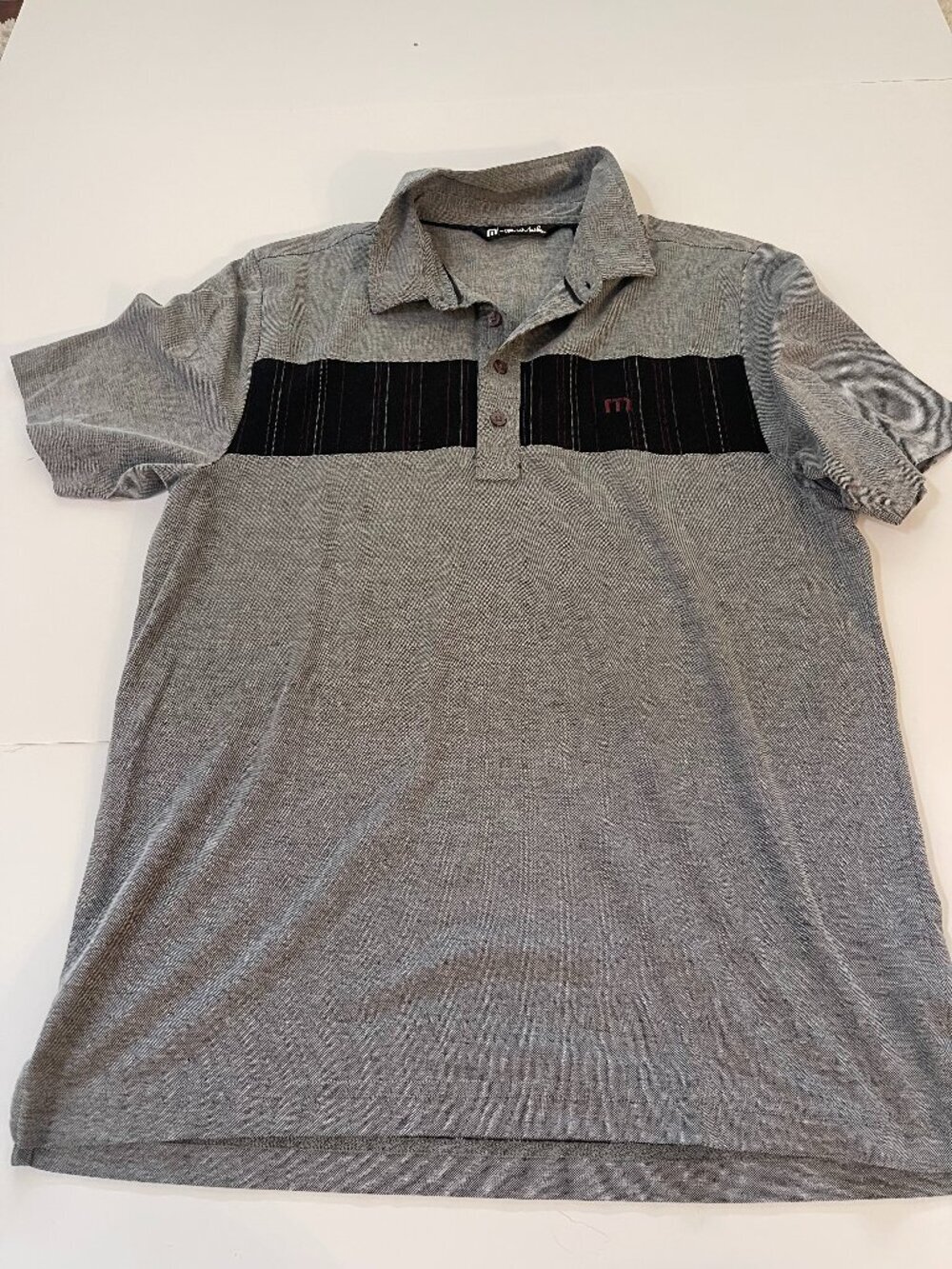 TravisMathew Gray Black Striped Golf Polo Shirt Medium